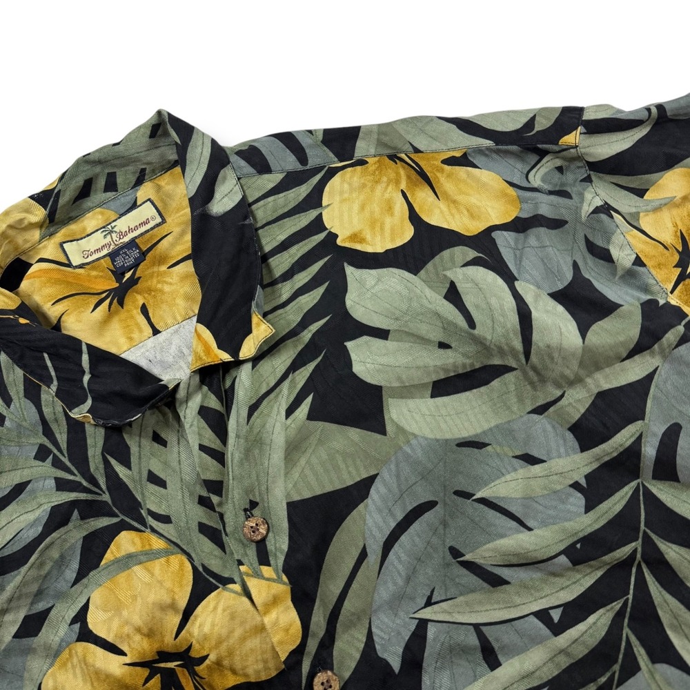 Tommy Bahama Mens XXL Silk Hawaiian Shirt Black Yellow Hibiscus Tropical RN86549